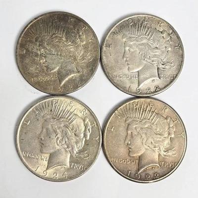 90% Silver Peace Dollars 1922 (3) & 1924 (1)