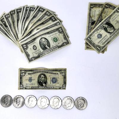 Two Dollar Bills, One & Five Dollar Silver Certificates & Eisenhower Silver Dollars