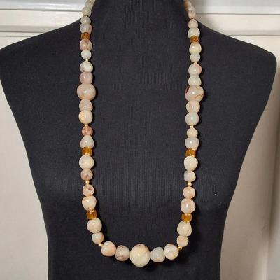 Vintage Marbled Stone Bead Necklace with Gold-Tone Accents