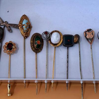 Assorted Vintage Stick Pin Collection – Cameo, Gemstone, Art Deco and More