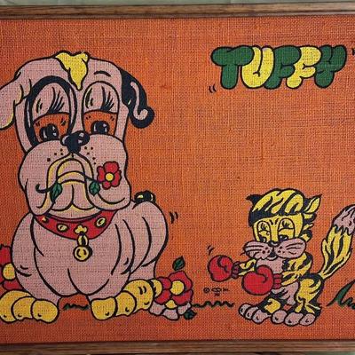 Vintage 1970s Tandy “Tuffy” Bulldog and Boxing Cat Burlap Wall Art
