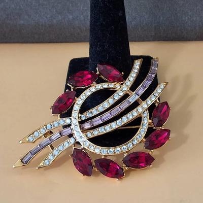Vintage EISENBERG Ice Ruby and Crystal Rhinestone Brooch