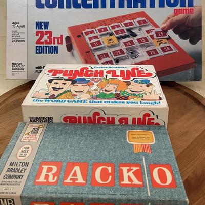Milton Bradley Concentration board game, 1978 "Punch Line” & Vintage “Rack-O” 