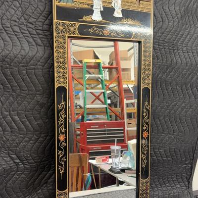 Vintage Asian Lacquer Mirror with Mother-of-Pearl Inlay