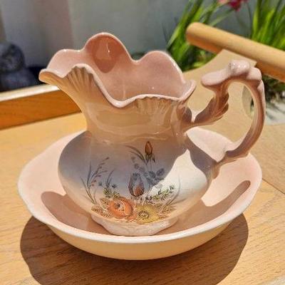 Vintage Arnart Ceramic Pitcher & Bowl Set with Floral Design, Pink Glaze
