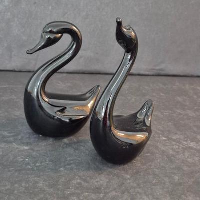 Vintage 1985 Hallmark Crowning Touch Blown Glass Black Swan Figurines - 4" & 4½" Tall