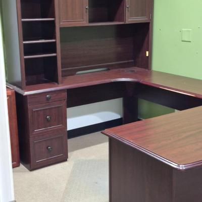 Medium Redish Wood Wrap-Around Executive Desk - See Photos for Measurements