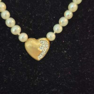 Vintage 16" Single Strand 4mm Pearl Necklace with Heart Charm