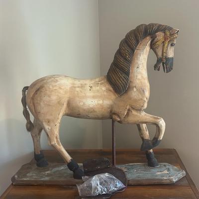 Mid 19th Century Hand Carved Wooden Horse With Leather Accessories 