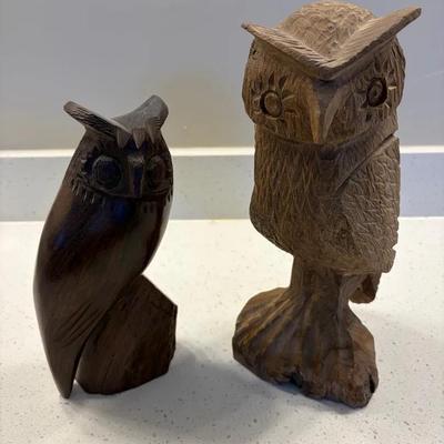 Two Handcarved Wooden Owl Statues