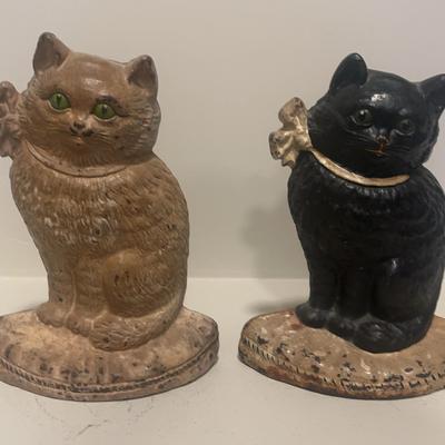 Antique Cast Iron Black Cat With Bow Doorstops