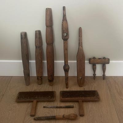 Vintage/Antique Wooden Pestles, Yarn Swift Base, Hand Carders And Pick