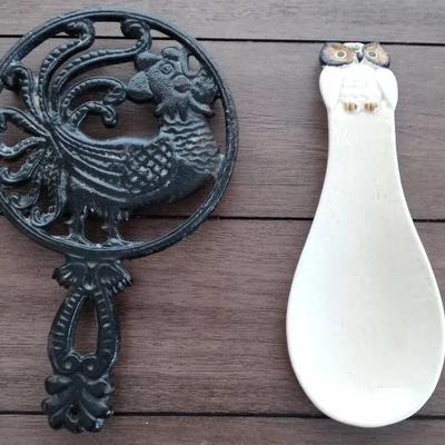 Vintage Cast Iron Rooster And Ceramic Owl Utensil Holders