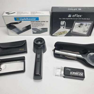 Stamp Collectors’ Tools: eFlex Digital Microscope, Bausch & Lomb & Leuchtturm Magnifiers, More