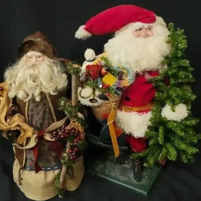 Two Vintage Tall Santa Claus Figurines, featuring Clothtique-Style Red Suit Santa & Rustic Father Ch