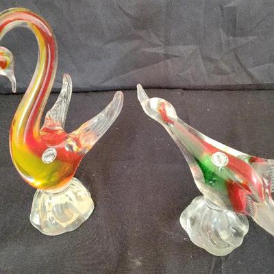 COLORFUL BIRD MURANO GLASS SCULPTURE PAIR