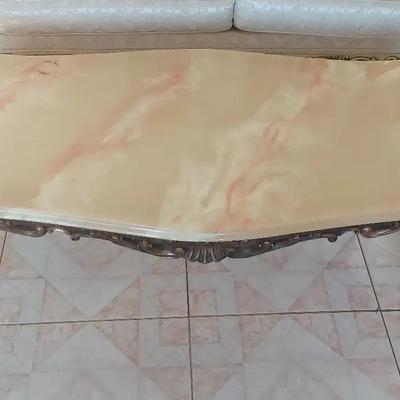 WHITE MARBLE-TOPPED WOODEN TABLE