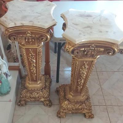 LOUIS XVI-STYLE PEDESTAL PILLARS WITH MARBLE TOPS