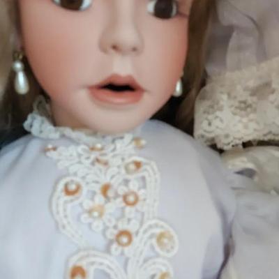 TALL PORCELAIN DOLL WITH SMALL DOLL IN DISPLAY CASE