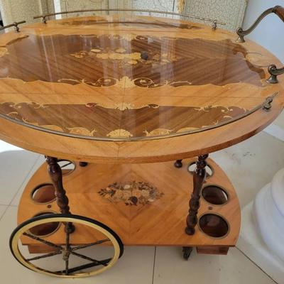 VINTAGE INLAY WOOD TEA/BAR CART