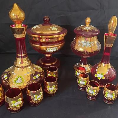 RED BOHEMIAN GLASS WITH GOLD TRIM AND FLOWERS