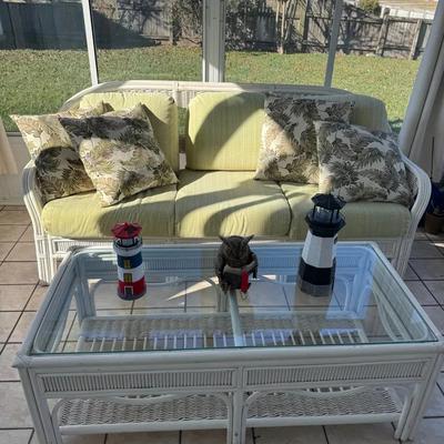 221: White Rattan Loveseat, Chair, Ottoman And Coffe Table 