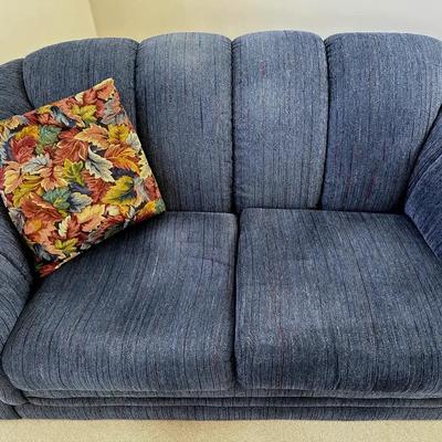 Lot 104:  VERY CLEAN.. Title Vintage Blue Upholstered Loveseat / Sofa with Rolled Arms & Accent Pil