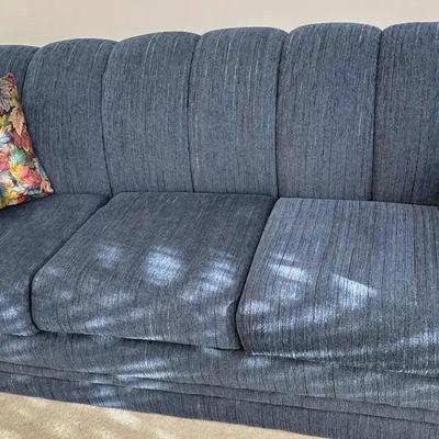 Lot 103:  VERY CLEAN…Vintage Blue Upholstered Sofa / Couch – Plush Rolled Arm Living Room Seating