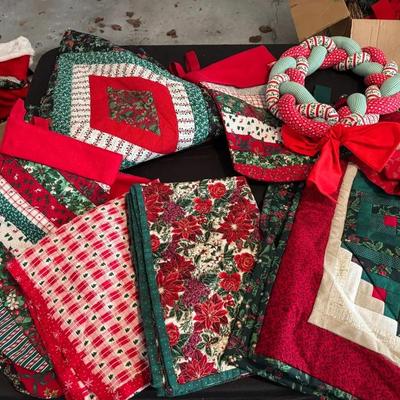 287: Hand Made Quilted Holiday Skirts, Runners,stockings Wreath And Wall Hangings 