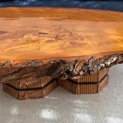 Lot 101:  Live Edge Solid Wood Slab Coffee Table with Natural Bark Edge & Block Pedestal Base