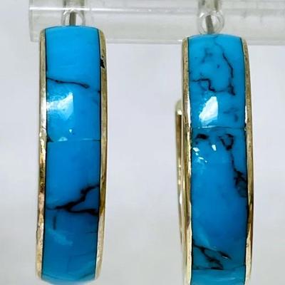 Mexico Sterling Silver Turquoise Hoops