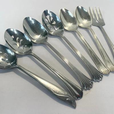 (7) Service Replacements — Stainless Spoons, Meat Fork And Silver Plated Spoons