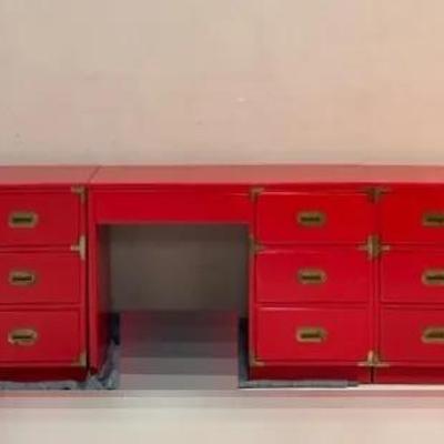 Red Lacquered Campaign Desk W/ Two Chests