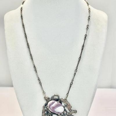 Vintage Sterling Silver Brutalist-Style Stone Pendant Necklace 