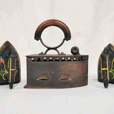 Antique Charcoal Iron & Hand-Painted Sad Iron Decor Lot