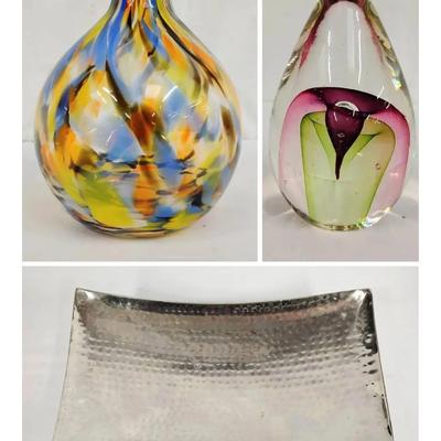 Art Glass and Metal Decorative Lot (3 Pieces)