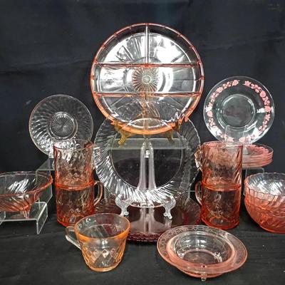 Pink Depression Glass Assortment with Plates, Cups, Bowls & Divided Server