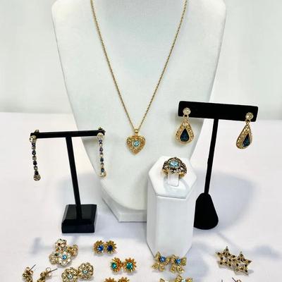 Gold Tone And Blue Rhinestone Avon Jewelry Bundle 