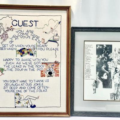 Vintage Embroidered Needlework Sampler “Guest” And Gemma Black & White Poem W/ Artwork