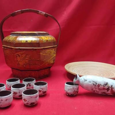 Oriental Decorative Items - Sake Set, Bamboo Tray, & Basket