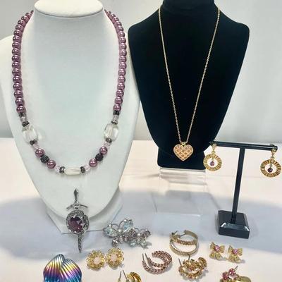 Gold Tone Avon Jewelry With Pink Rhinestones And Silvertone Purple Accent Pieces 