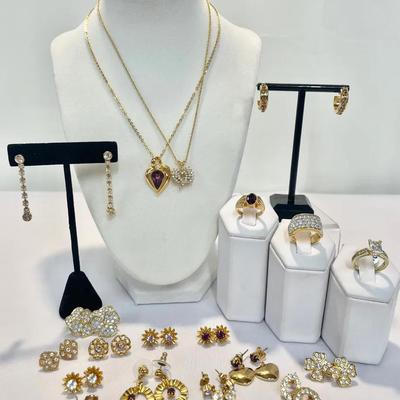 Gold Tone Avon Jewelry w/Purple and White Rhinestones 