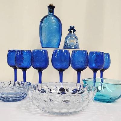 Vintage Blue Glass & Porcelain Lot (7 Wine Glasses, 3 Bowls, Bottle, Bell) 