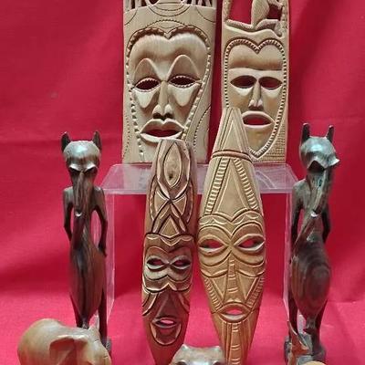 African Carved Wood Art Lot - Masks, Animal Figurines & Statues