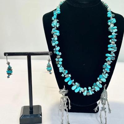 Laura Gibson Sterling Turquoise Necklace W/ Matching Earrings + Sterling Skeleton Pendants