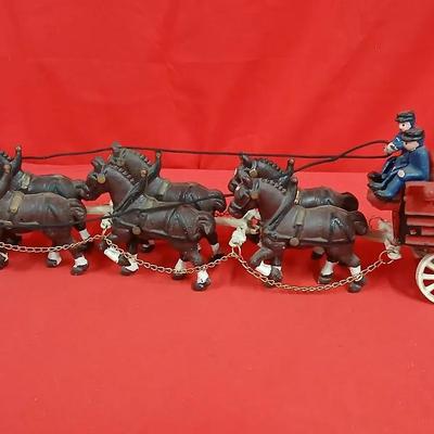 Vintage Cast Iron Horse & Wagon with Beer Barrels