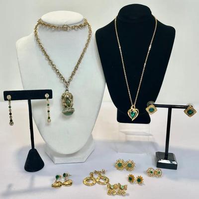 Gold Tone and Green Rhinestone Jewelry Bundle w/Jade Monkey ‘See No Evil’ Pendant