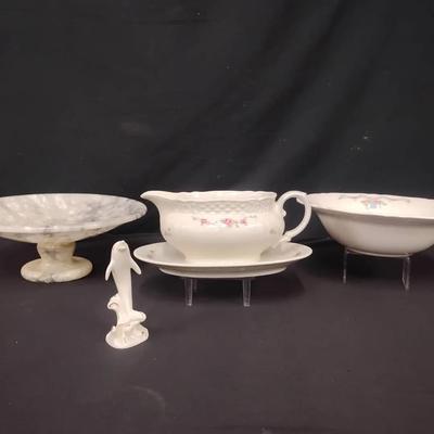 Vintage Gravy Boat, Bowls, & Marble Plate Lot