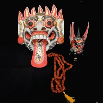 Balinese Art Lot Barong Mask, Garuda Figure, & Rudraksha Beads