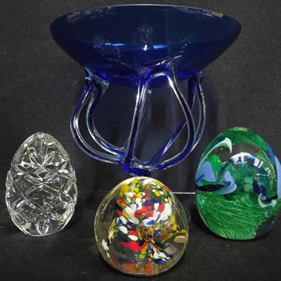Studio Art Glass Paperweights, Cobalt Spaghetti Pedestal Bowl & Rogaska Glass Egg Paperweight